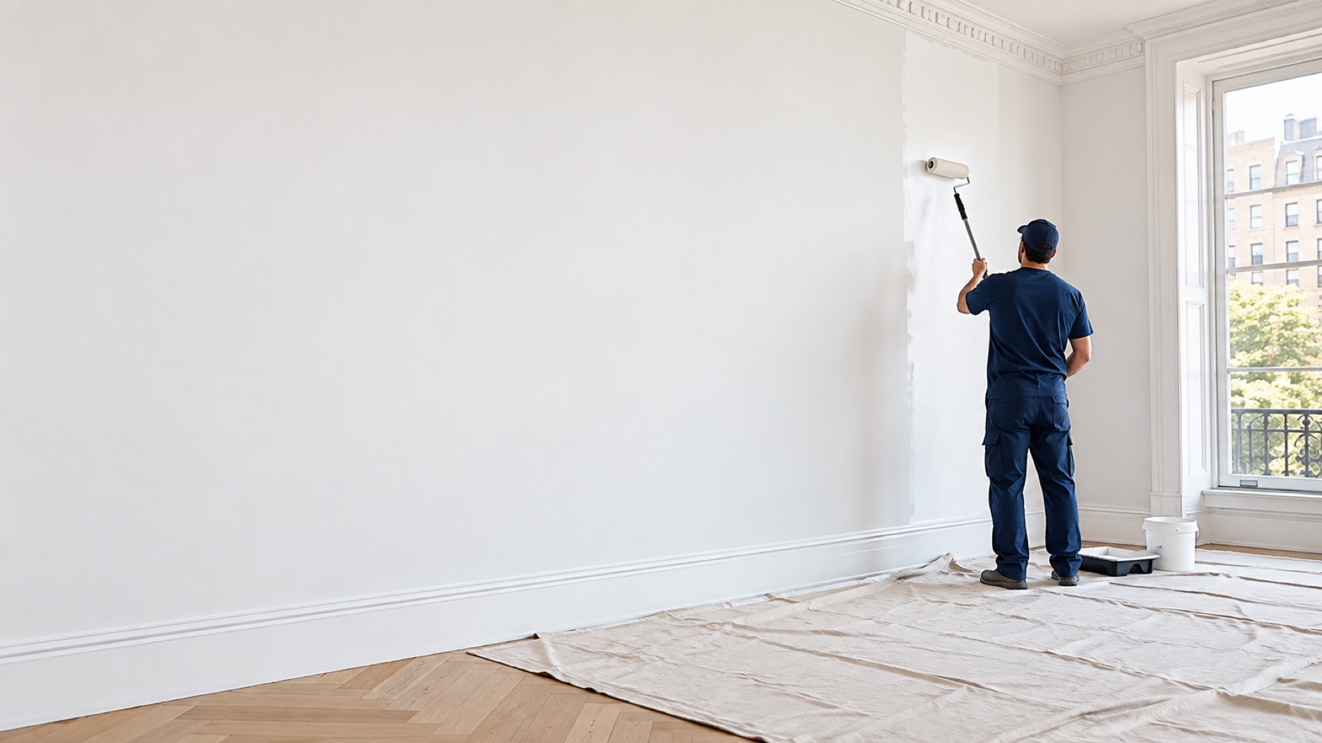 Professional painter rolling a fresh coat on a bright apartment wall